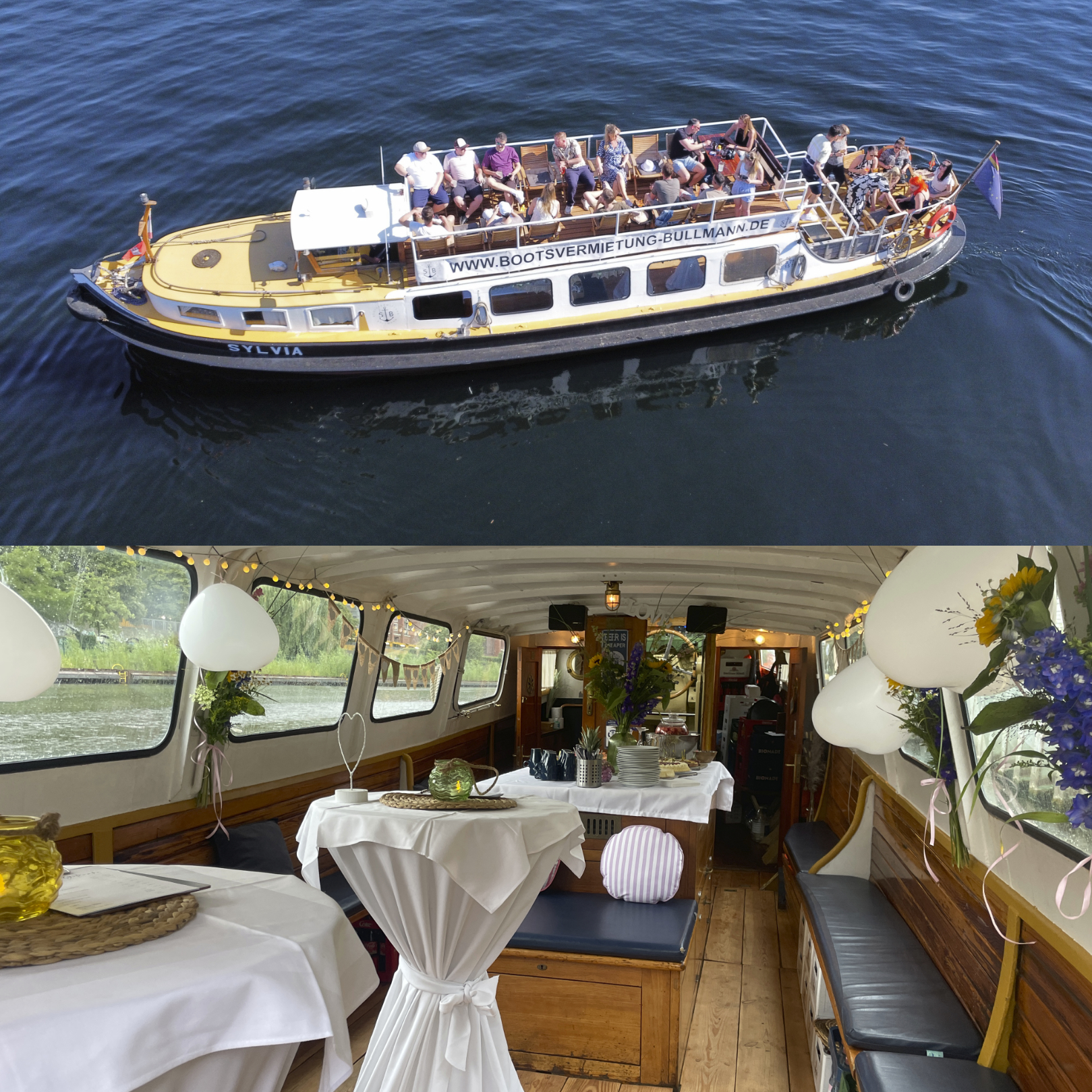 MS Sylvia – festlich dekorierter Innenraum mit Blick auf den Müggelsee