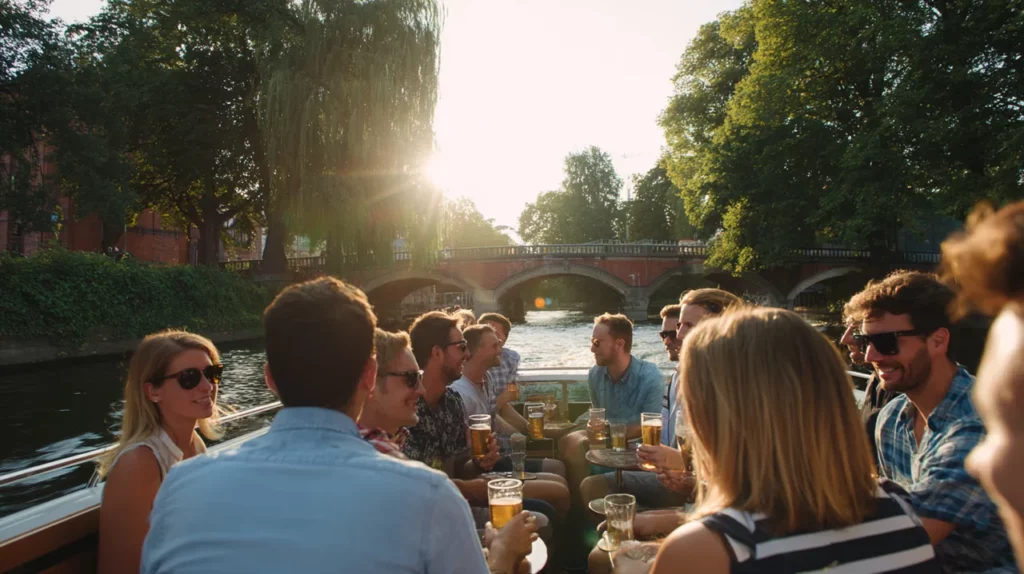 Kolleginnen und Kollegen bei einer sommerlichen Bootsfahrt als Betriebsausflug in Berlin