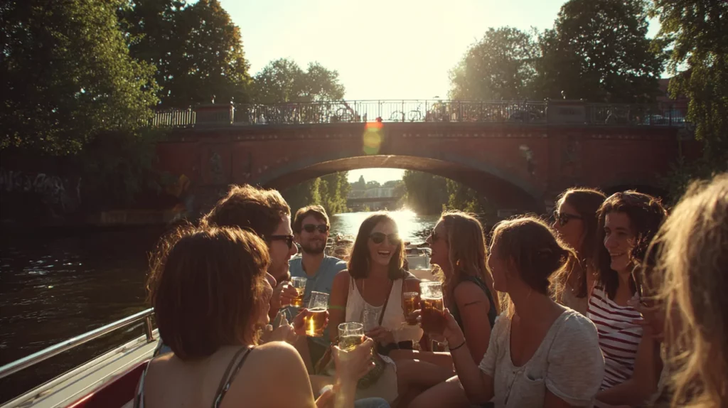 Team beim Betriebsausflug in Berlin auf einem Boot, im Hintergrund eine Backsteinbrücke am Landwehrkanal