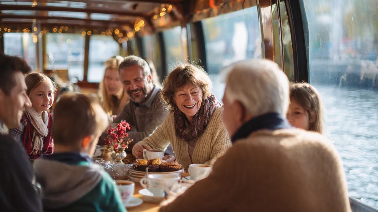 Familienfeier auf dem Boot in Berlin – mehrere Generationen bei Kaffee und Kuchen im Salon mit Spreeblick