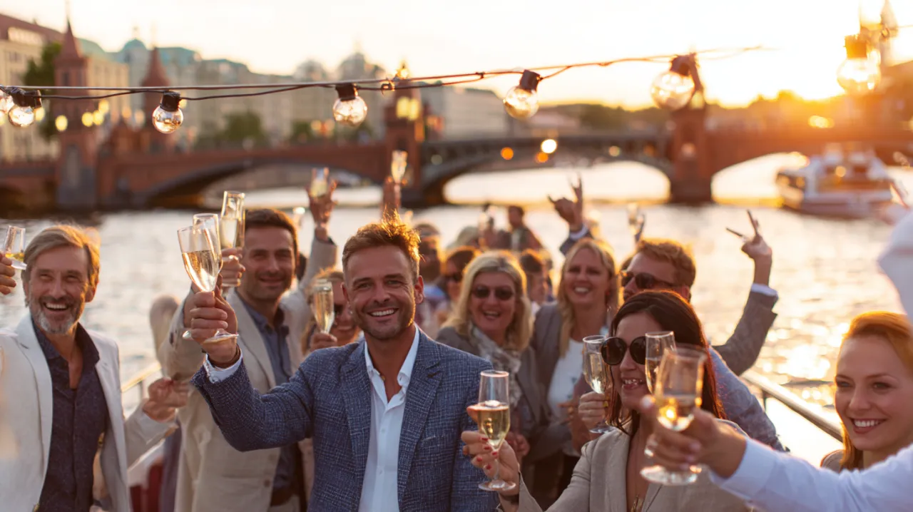 Firmenfeier auf einem Eventschiff auf der Spree in Berlin – Gäste stoßen an, im Hintergrund die Oberbaumbrücke