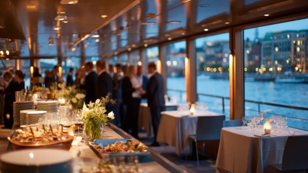 Elegantes Buffet und eingedeckte Tische im Salon eines Berliner Eventschiffs mit Blick auf die Spree