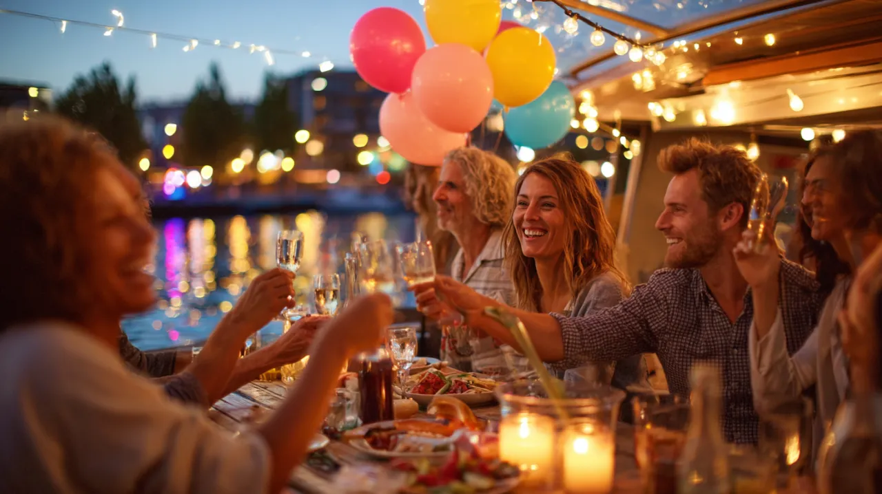 Geburtstag auf einem Eventschiff in Berlin – Gäste feiern mit Ballons und Lichterketten bei Dämmerung