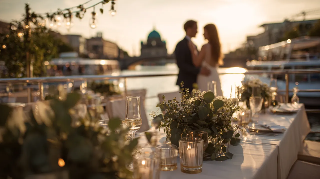 Hochzeit auf dem Schiff in Berlin – Brautpaar an Deck mit Blick auf den Berliner Dom im Sonnenuntergang