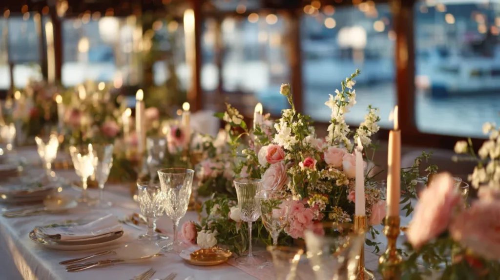 Festlich dekorierter Hochzeitstisch mit Blumen und Kerzen an Bord eines Eventschiffs in Berlin