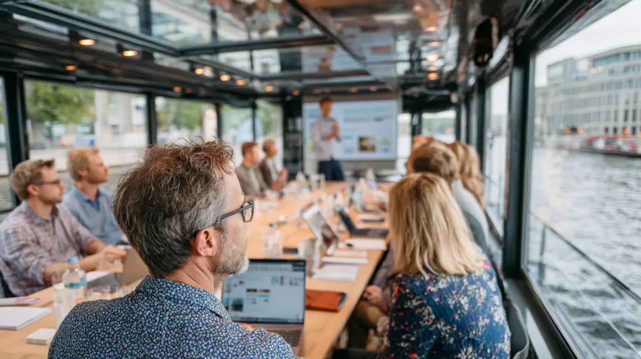 Tagung auf einem Konferenzschiff in Berlin – Teilnehmer bei einer Präsentation mit Panoramablick auf die Spree