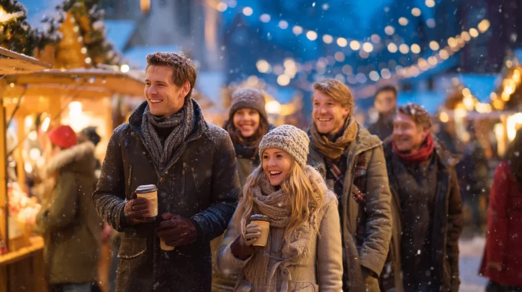 Kollegen mit Glühwein beim Weihnachtsmarkt-Rundgang in Berlin