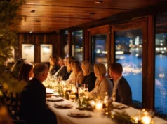Weihnachtsfeier Ideen Berlin: 20 Vorschläge mit Preis und Gruppengröße Festlich gedeckte Tafel bei einer Firmen-Weihnachtsfeier in Berlin mit Blick aufs Wasser