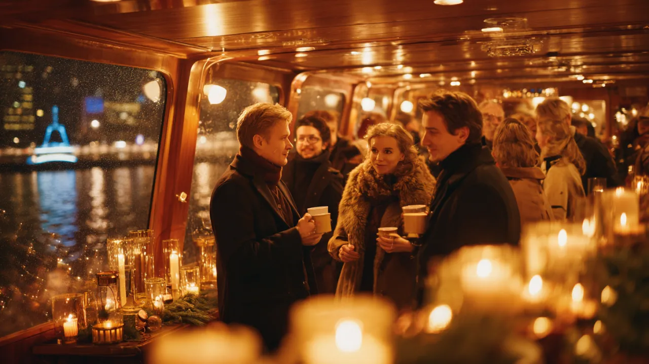 Glühweinfahrt Berlin – Gäste mit Glühwein an Bord, im Hintergrund der Fernsehturm